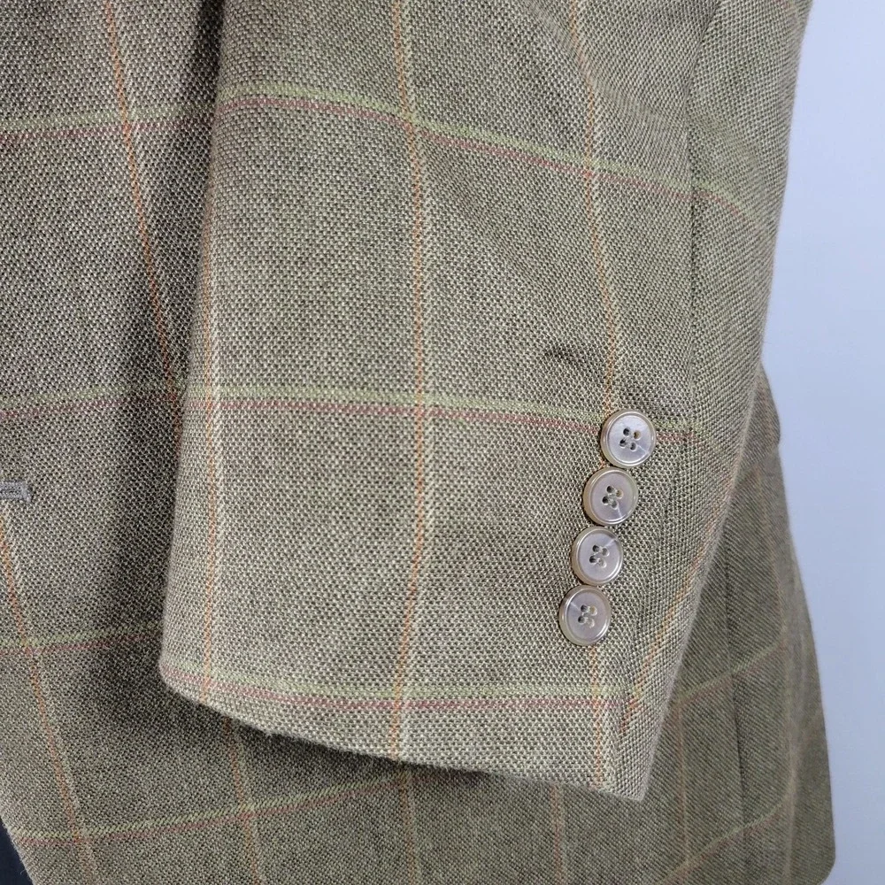 Tasso Elba Men's Sport Coat Blazer Two Button Olive Plaid Silk‎ Camel hair 42L